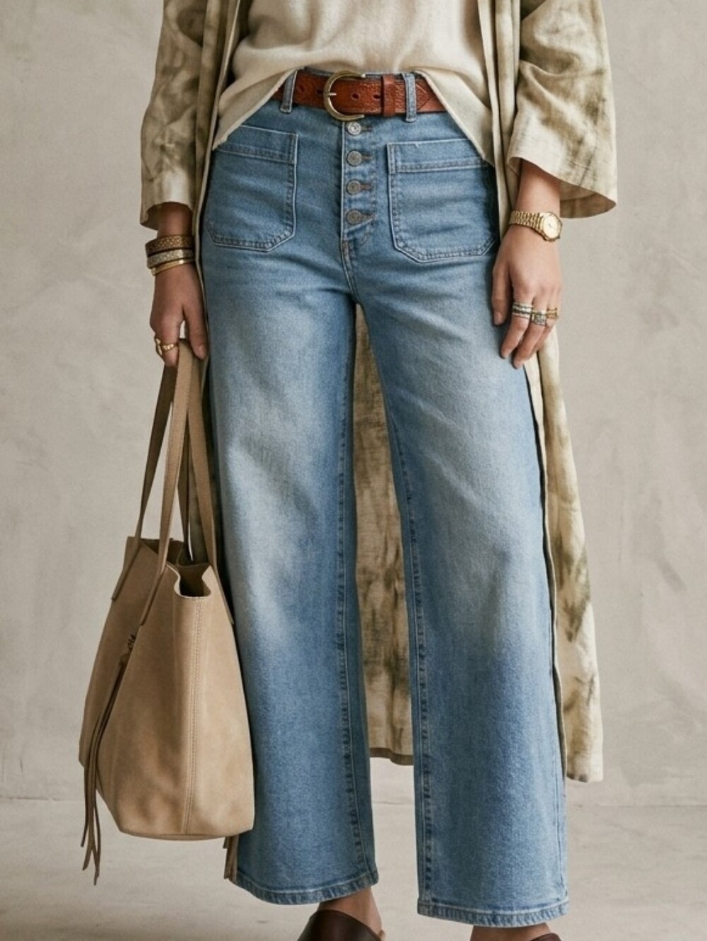 DEX High Rise Wide Leg Patch Pocket Button Fly Crop Jeans Blue Size 27 - Picture 1 of 8